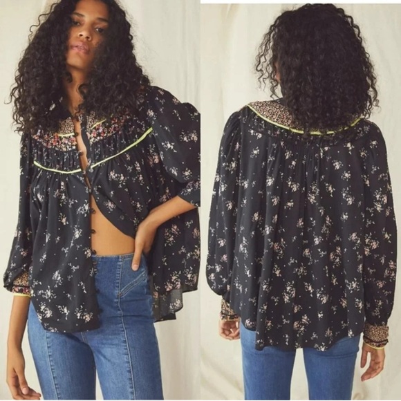 Free People Paloma Black Ditsy Floral Mixed Pattern Button Down Peasant Top XS - Picture 1 of 10